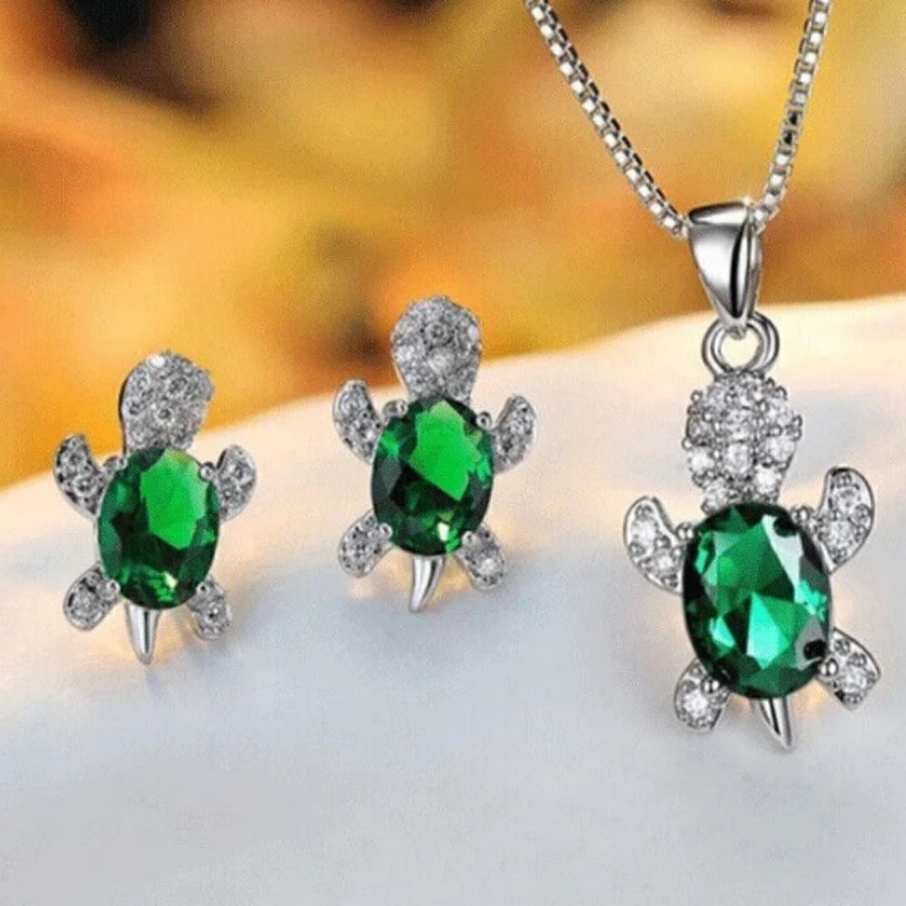 Silver Green Diamond Turtle Necklace with Matching Earrings